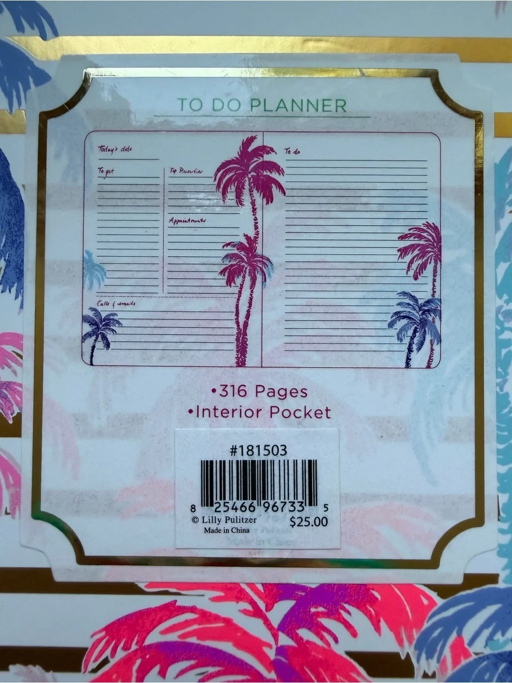 Lilly Pulitzer Pink & Blue Palm Gold-Striped To-Do Notebook New W/O Tags 316 Pgs